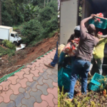 The lorry carrying bread that overturned and people taking bread fro the lorry