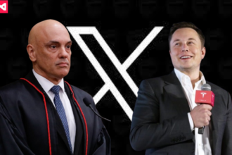 A collage of Justice Alexandre de Moraes and X owner Elon Musk