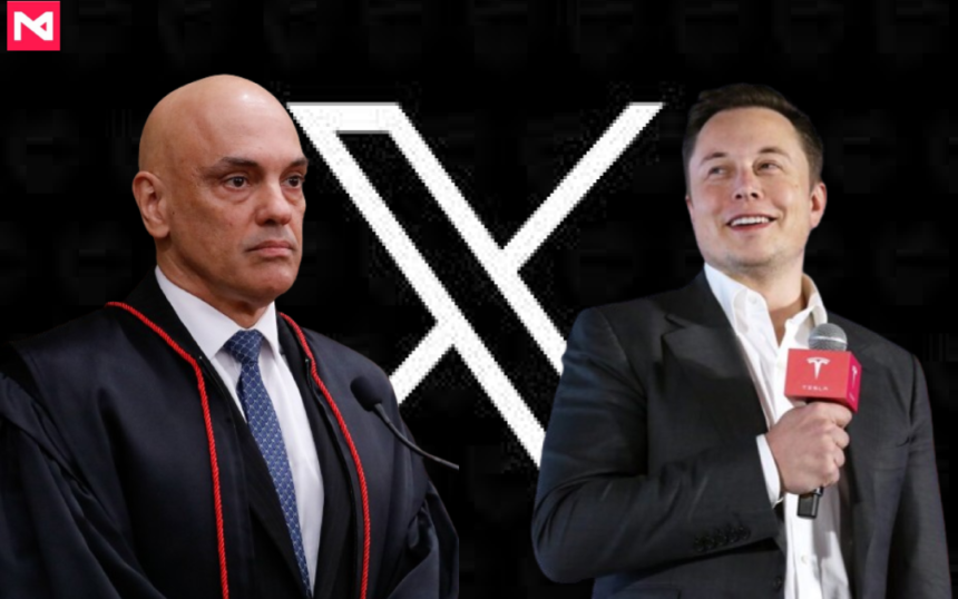 A collage of Justice Alexandre de Moraes and X owner Elon Musk