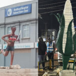 Statue of unidentified athlete and green maize in Eldoret