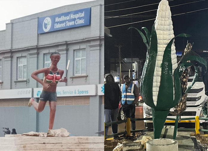 Statue of unidentified athlete and green maize in Eldoret