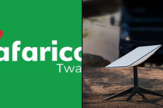 Safaricom logo and a picture of starlink device