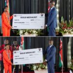 Kenyan athlete Beatrice Chebet recieving Ksh 6 million award frrom president Ruto PHOTO| kameme