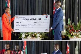 Kenyan athlete Beatrice Chebet recieving Ksh 6 million award frrom president Ruto PHOTO| kameme