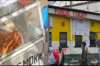 A trolley with street snacks and the kenya bus stop public toilet in Nairobi city