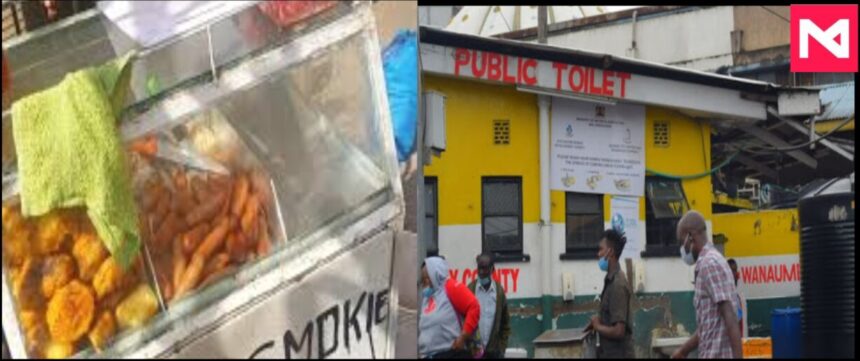 A trolley with street snacks and the kenya bus stop public toilet in Nairobi city