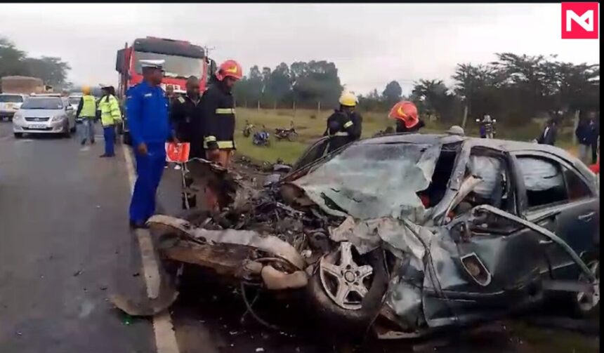 A view of the crashed mercedes along the Nakuru-Nairobi highway