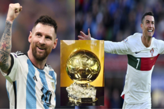 A collage of Messi, Ballon D'or and Ronaldo