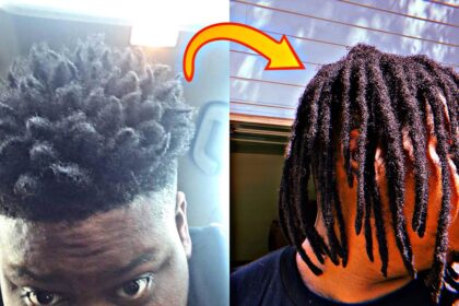 before and after photo of a year of growing dreadlocks