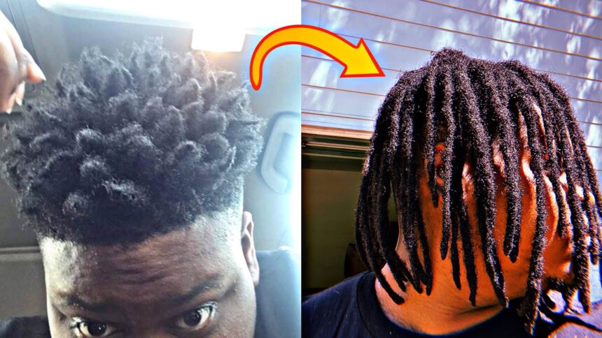 before and after photo of a year of growing dreadlocks