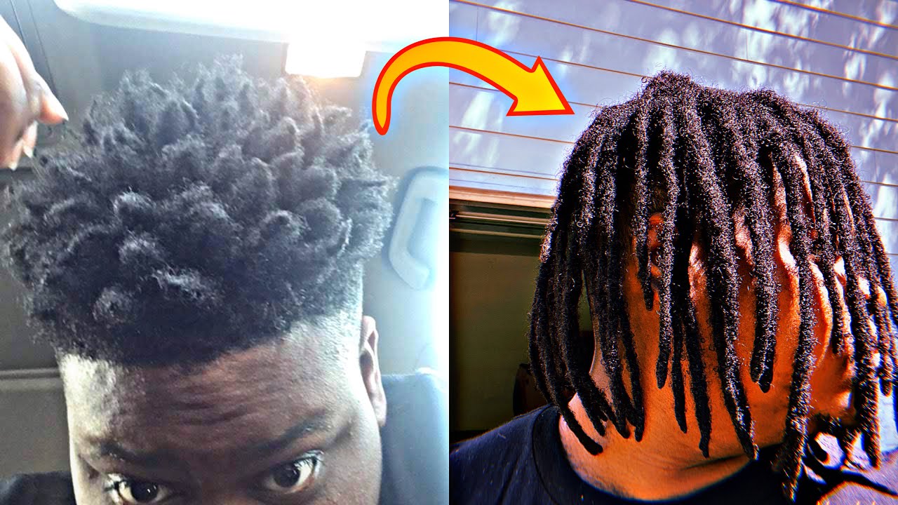 before and after photo of a year of growing dreadlocks