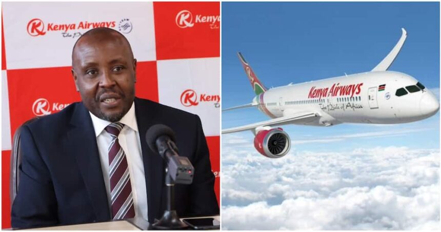 Collage of Kenya Airways CEO, Allan Kilavuka and KQ plane PHOTO| Business Quest